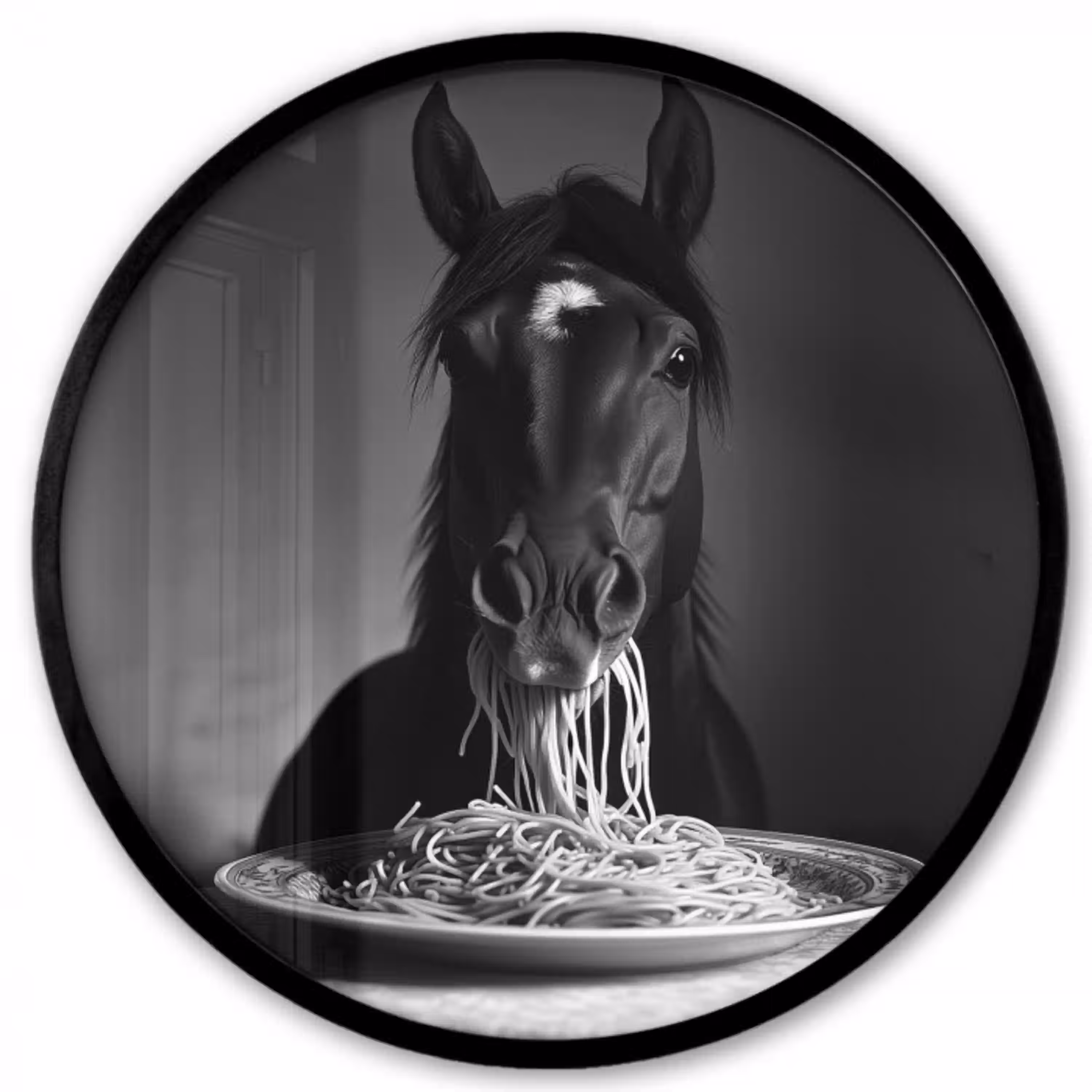 Paard - Bord - Pasta - Tafelkleed - Zwart Wit - Dieren Fotolijst rond zonder passe partout klein -3d