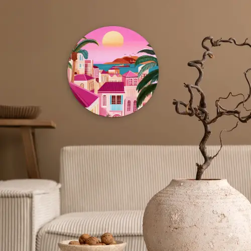 Stad - Roze - Palmbomen Wandcirkel plexiglas klein -sfeer1