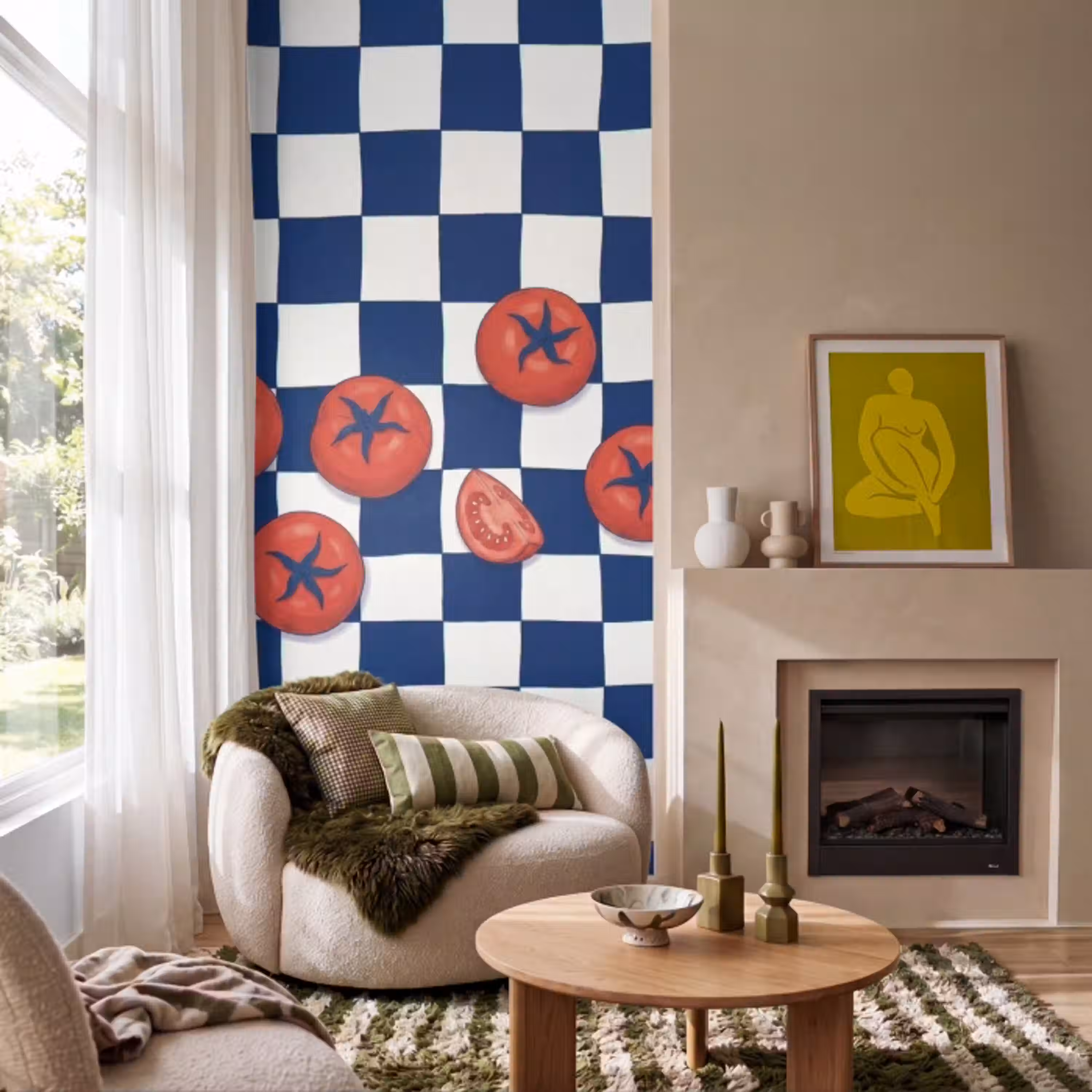 Eten - Tomaten - Keuken - Illustratie - Rood-Blauw Behang Vlies klein -sfeer2