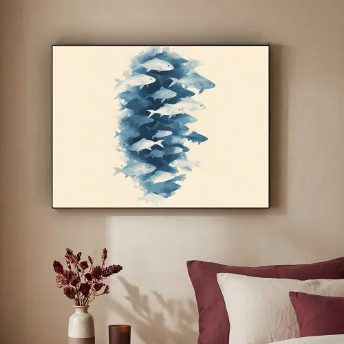 Vissen - Minimalistisch - Blauw Textielframe - compleet frame klein -sfeer1