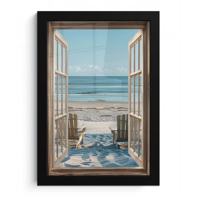 Doorkijk - Strandstoelen - Duinen - Zee - Natuur fotolijst zwart zonder passe partout klein -3d