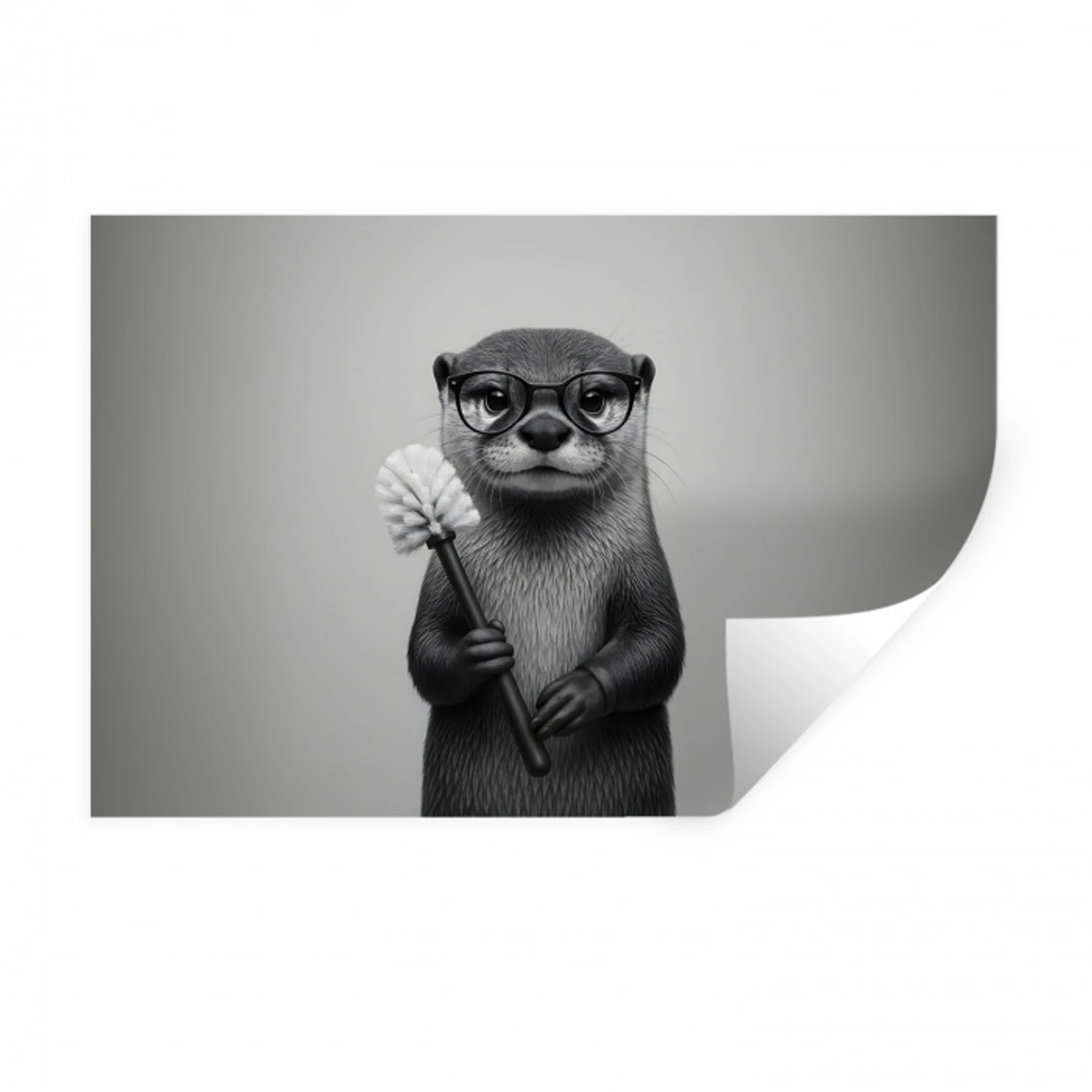 Otter - Wc-borstel - Bril - Zwart - Wit Muursticker klein -3d