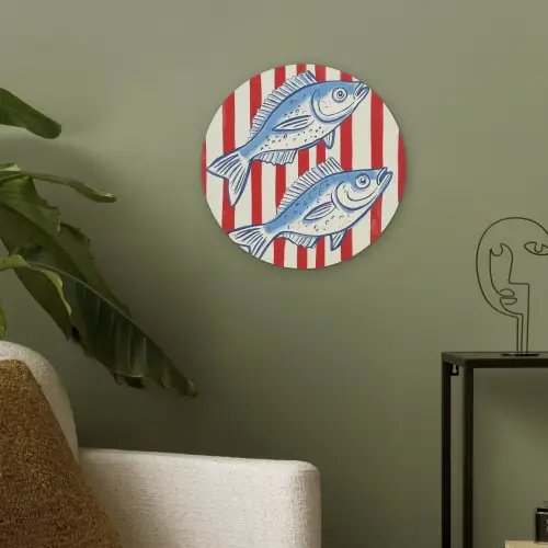 Vissen - Verticale strepen - Blauw - Rood Akoestische PET Vilt - Rond klein -sfeer2