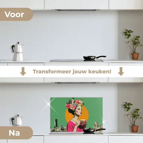 Retro - Vrouw - Stad - Zon keuken achterwand spatscherm klein -voor_na_NL