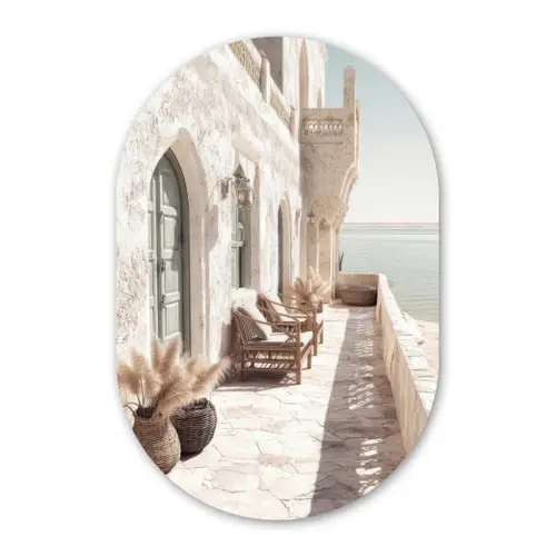Terras - Stoelen - Strand - Beige Wandcirkel Ovaal Glas middel -3d