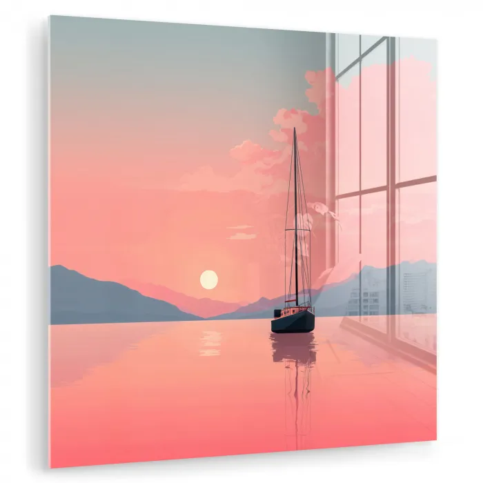 Zeilboot - Roze zee - Zonsondergang - Bergen plexiglas 5mm klein -zzzproduct_nieuw