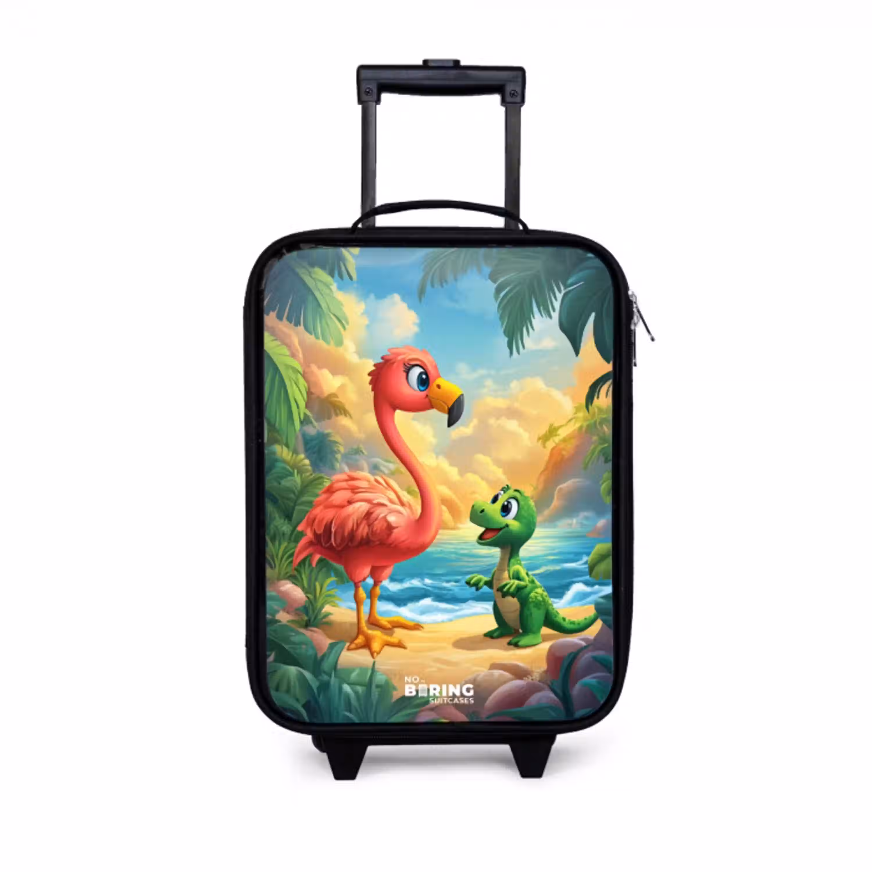 Flamingo en dinosaurus op strand bij ondergaande zon Kinderkoffer - Zwart klein -3d