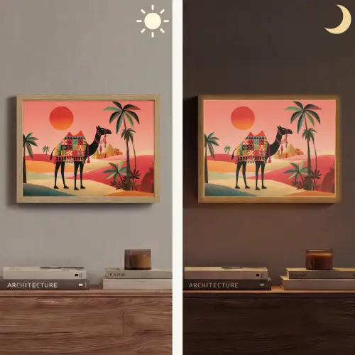 Kameel - Gekleurd tapijt - Duinen - Rode zon Light Box met batterij (Wandlamp) middel -sfeer3