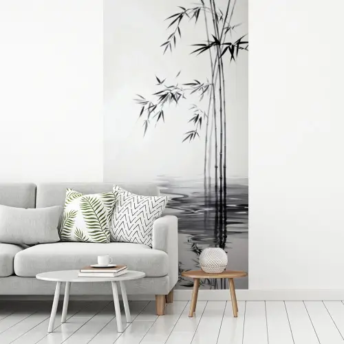 Bamboestammen - Water - Minimalistisch - Wit fotobehang vinyl groot -woonkamer