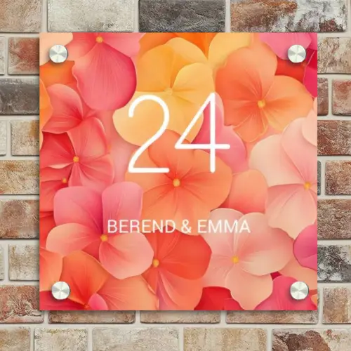 Oranje bloemenmix - Klassiek Naambord Vierkant klein -sfeer2