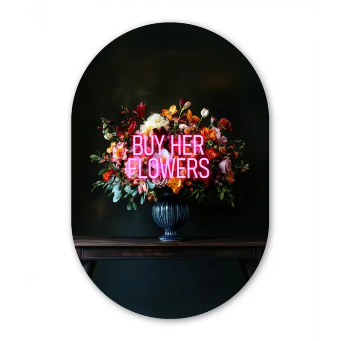 Quote - Bloemen - Vaas - Neon Wandcirkel Ovaal Glas middel -3d