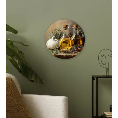 Stilleven - Olijfolie - Knoflook - Kruiden Wandcirkel kunststof plaat 5mm dik klein -sfeer3