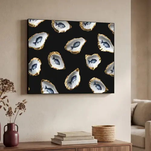 Oesters - Vissen - Blauw - Goud Textielframe zwart klein -sfeer3