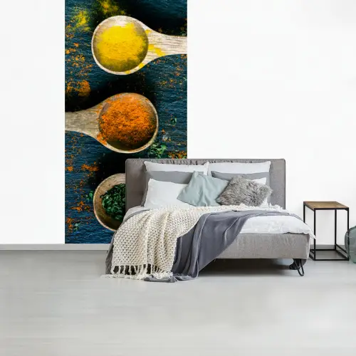 Specerijen - Lepel - Kruiden - Bruin - Geel - Groen fotobehang vinyl groot -slaapkamer