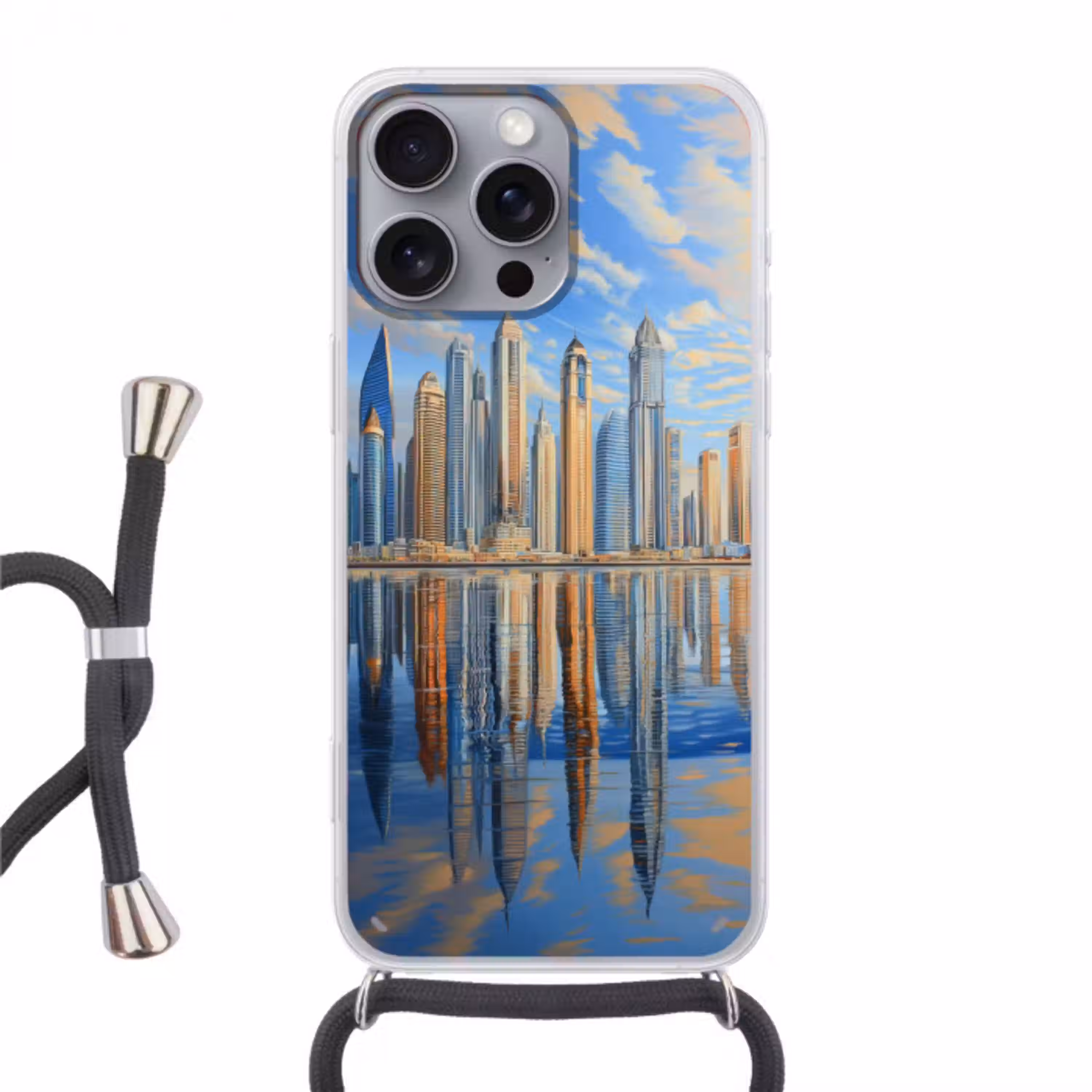 Skyline - Wolkenkrabbers - Water - Blauw Hoesje iPhone 16 Pro Max met koord klein -3d