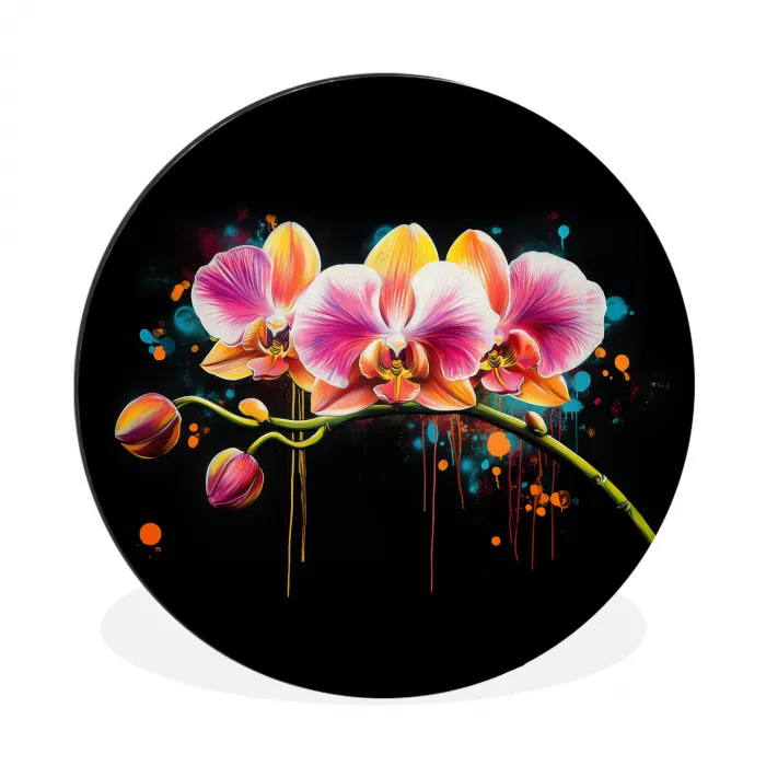 Orchidee - Graffiti - Kleurrijk - Bloemen - Abstract Wandcirkel aluminium klein -3d