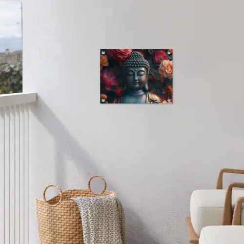 Boeddhabeeld omgeven door bloemen tuinposter los doek klein -sfeer8