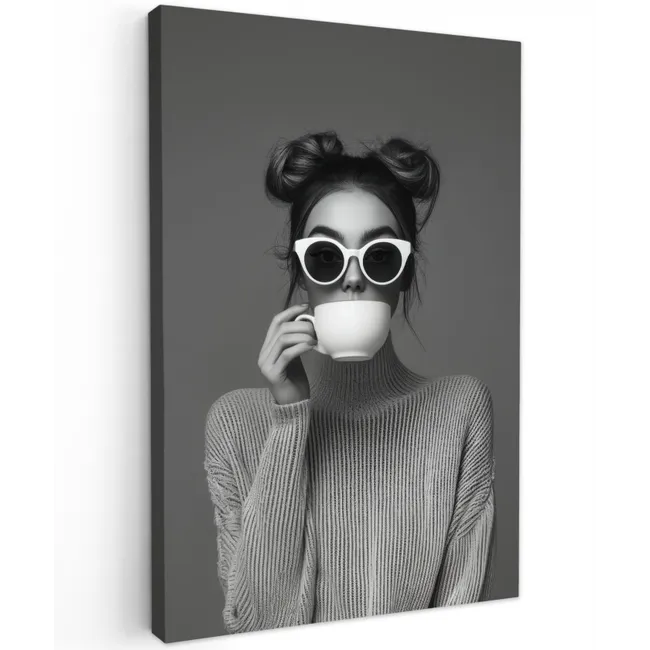 Vrouw - Koffie - Zwart - Wit Tuinposter op houten frame 2 cm dik klein -3d