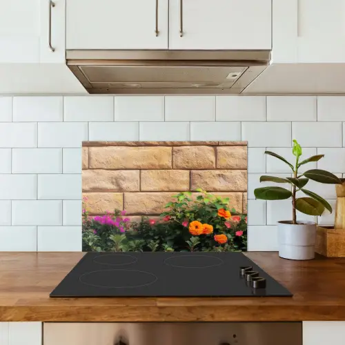 Bloemen - Bakstenen - Kleurrijk keuken achterwand spatscherm klein -sfeer2