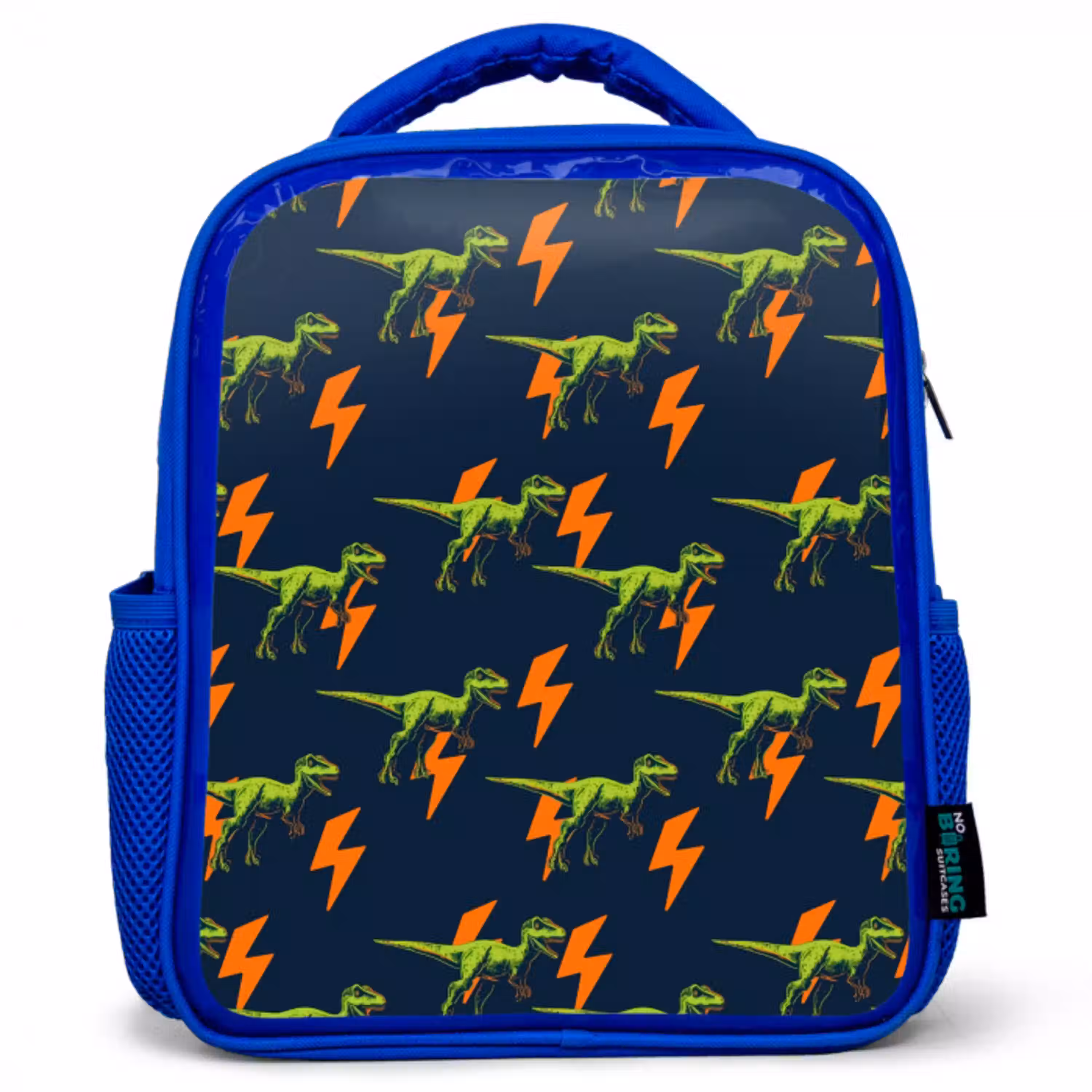 Bliksemschichten - Oranje - Dinosaurussen Kinderrugzak - Blauw middel -3d