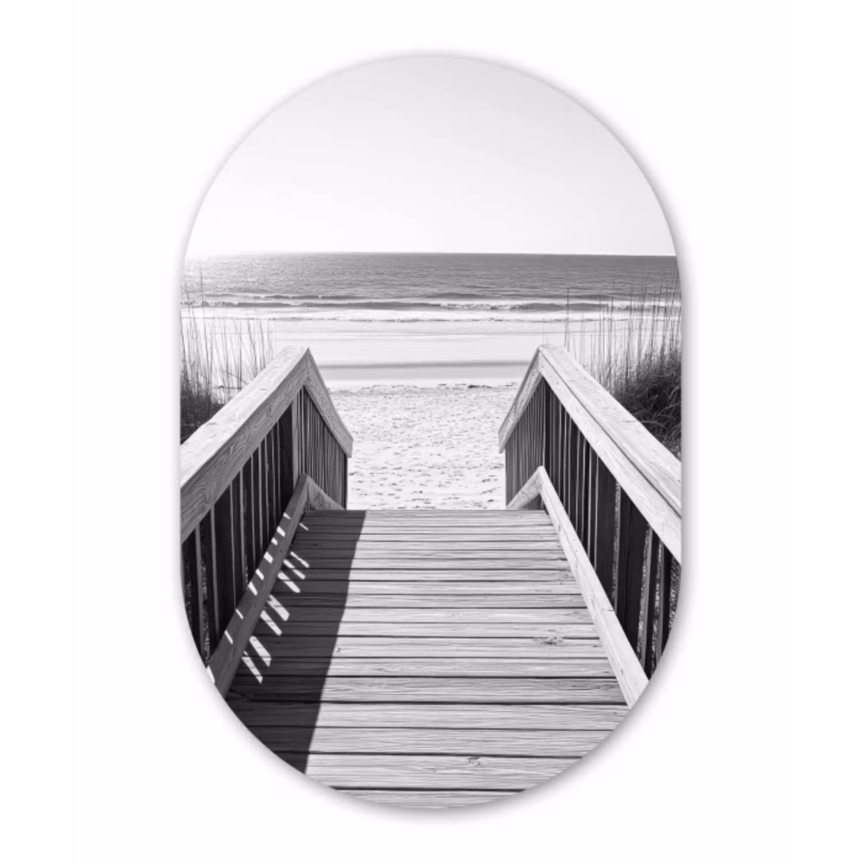 Loopbrug - Hout - Strand - Zee Wandcirkel Ovaal Aluminium middel -3d