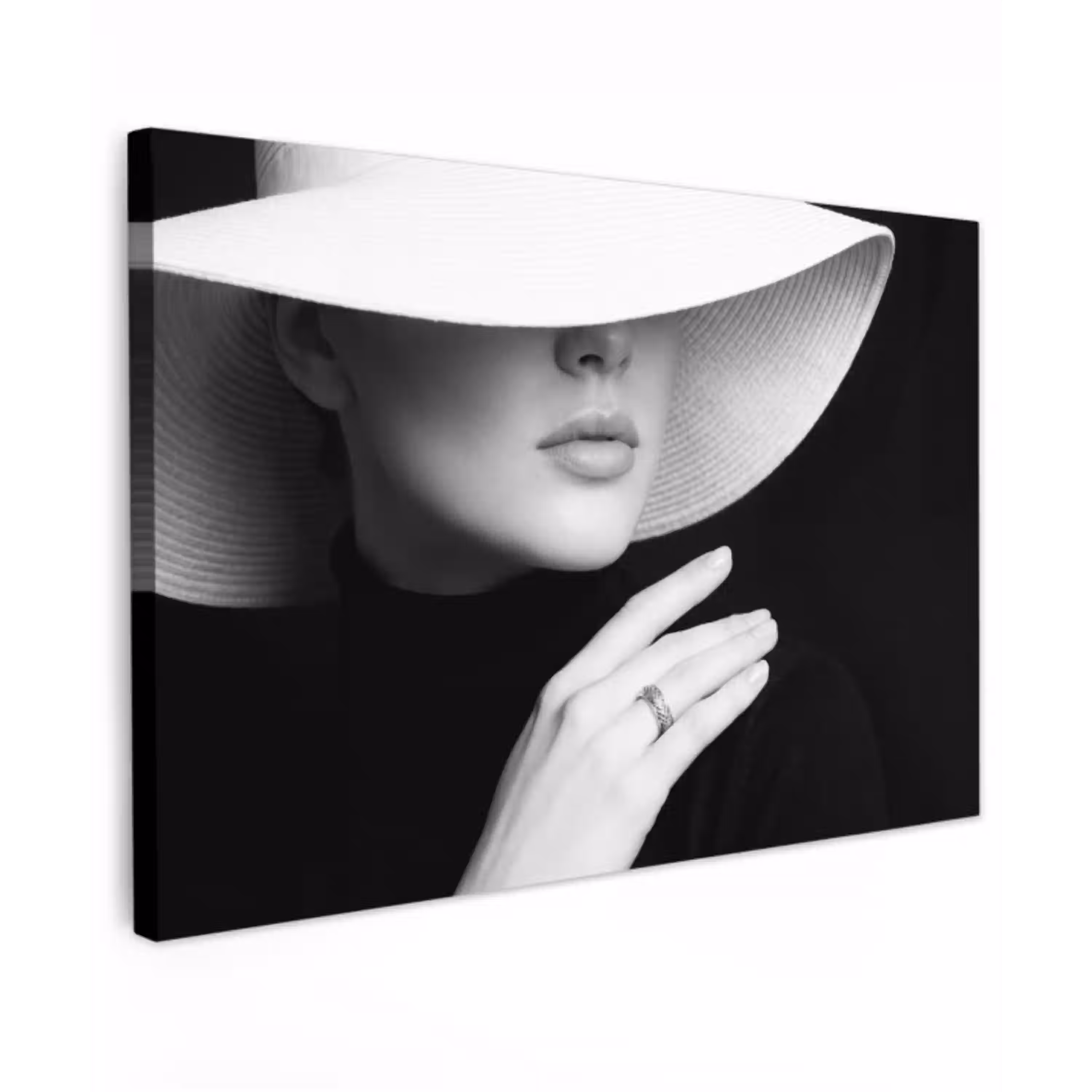 Vrouw - Hoed - Hand - Zwart - Wit - Klassiek Tuinposter op houten frame 2 cm dik klein -3d