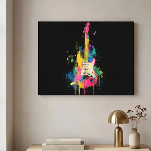 Gitaar - Kleurrijk - Verf Textielframe zwart klein -sfeer2