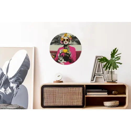Vrouw - Kat - Bloemen - Kopje - Retro Wandcirkel aluminium klein -kantoor