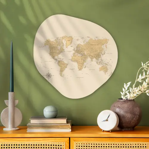 Wereldkaart - Realistisch - Beige Wandcirkel Organisch Plexiglas middel -sfeer2