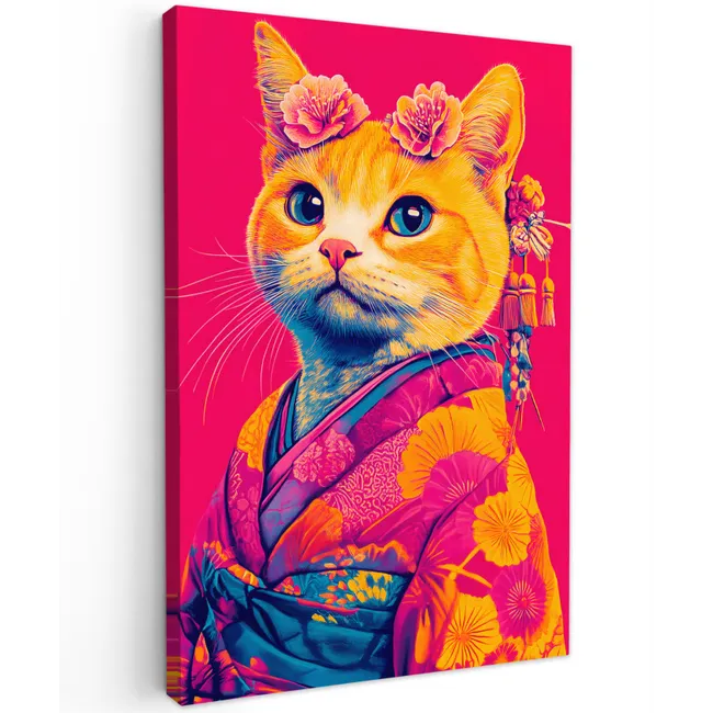 Kat - Kimono - Bloemen - Roze Tuinposter op houten frame 2 cm dik klein -3d