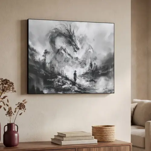 Krijger - Draak - Grijs Textielframe zwart klein -sfeer3