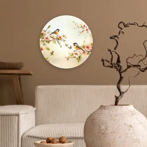 Takken - Bloemen - Vogeltjes - Roze Wandcirkel kunststof plaat 5mm dik klein -sfeer1