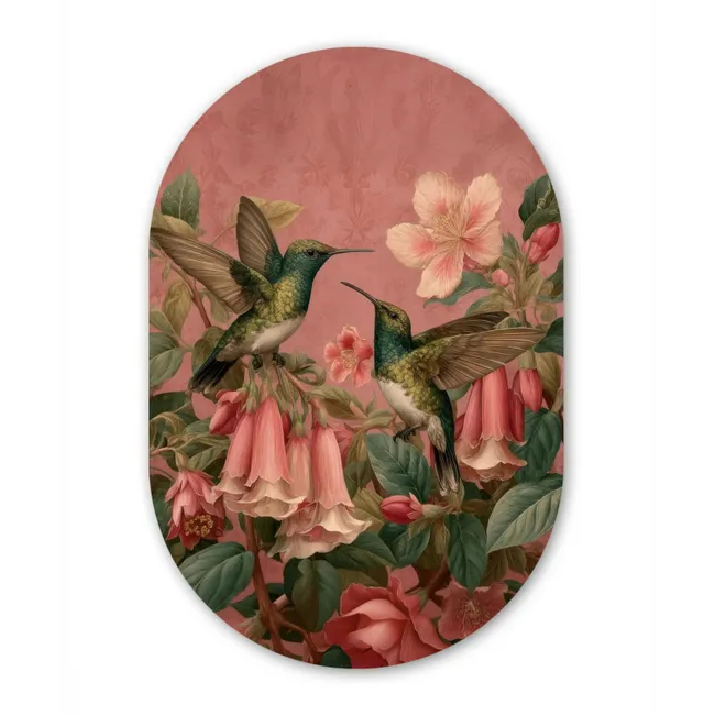 Muurovaal - Kolibries - Bloemen - Groen - Roze