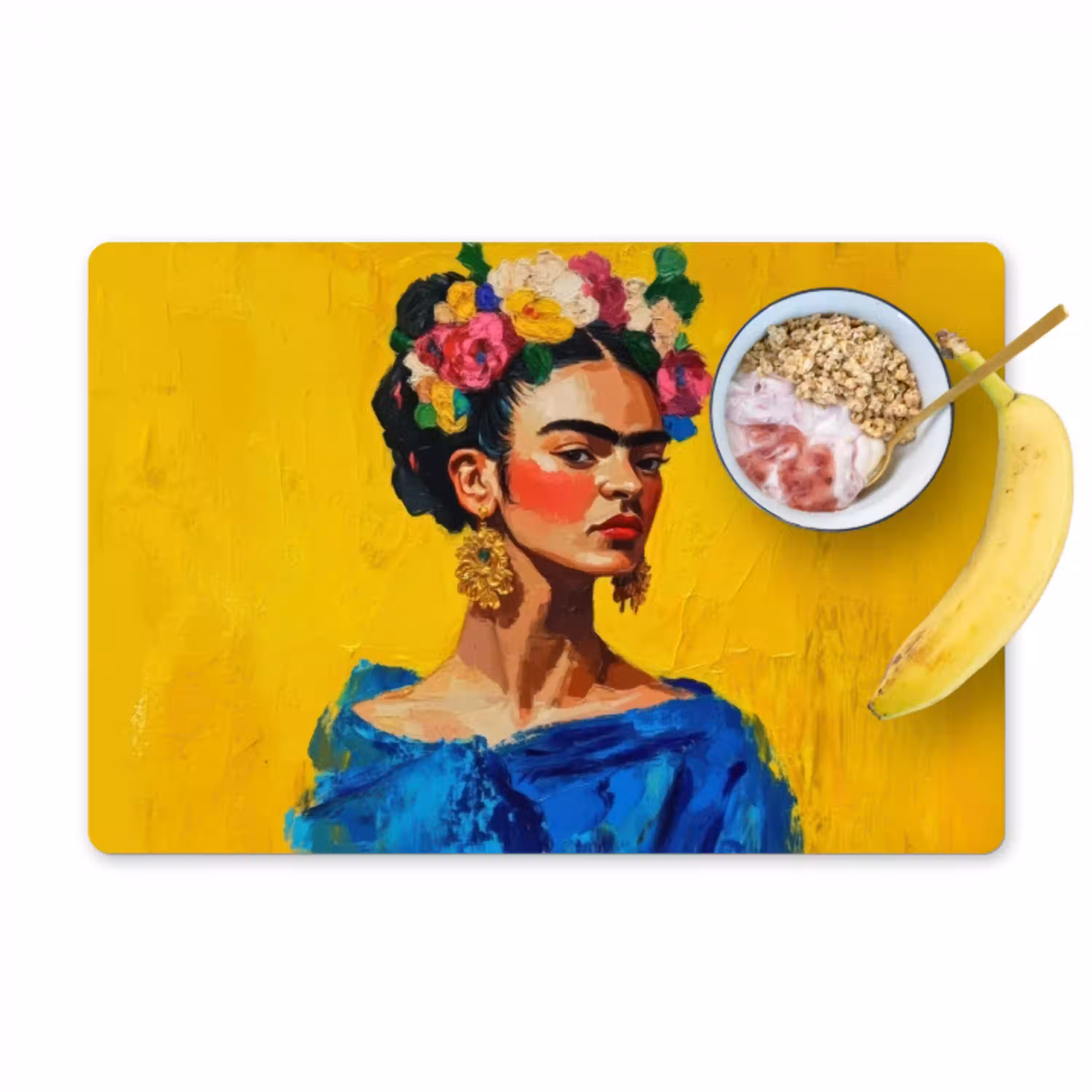 Frida Kahlo - Vrouw - Geel - Blauw - Bloemen Placemat vinyl groot -zzzproduct_Kitchenyeah-website