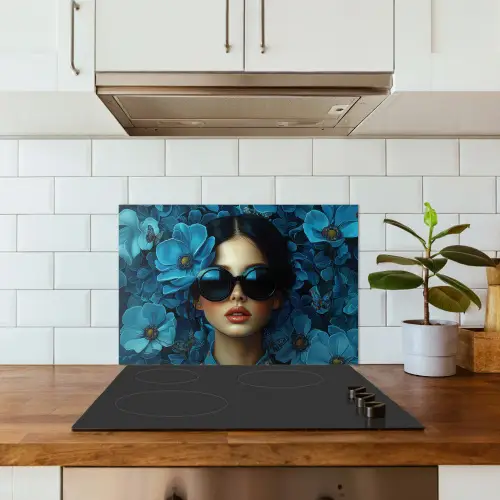 Vrouw - Bloemen - Blauw - Aesthetic - Luxe keuken achterwand spatscherm klein -sfeer2