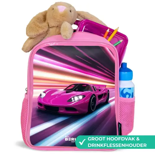 Roze raceauto flitst door neonlicht Kinderrugzak - Roze middel -inhoud_NL
