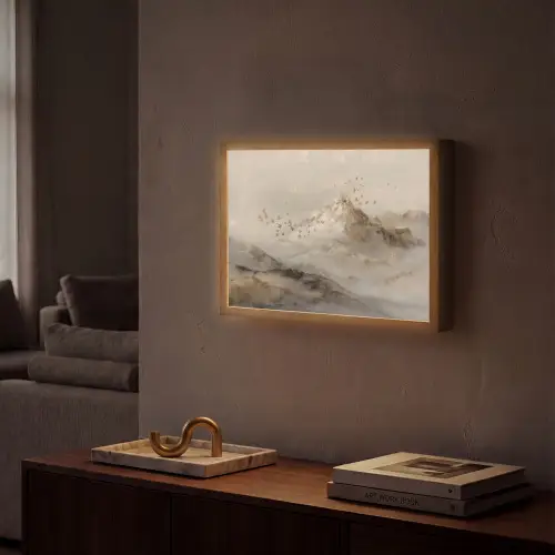 Berglandschap - Mist  - Penseelstreken Light Box met batterij (Wandlamp) middel -sfeer1