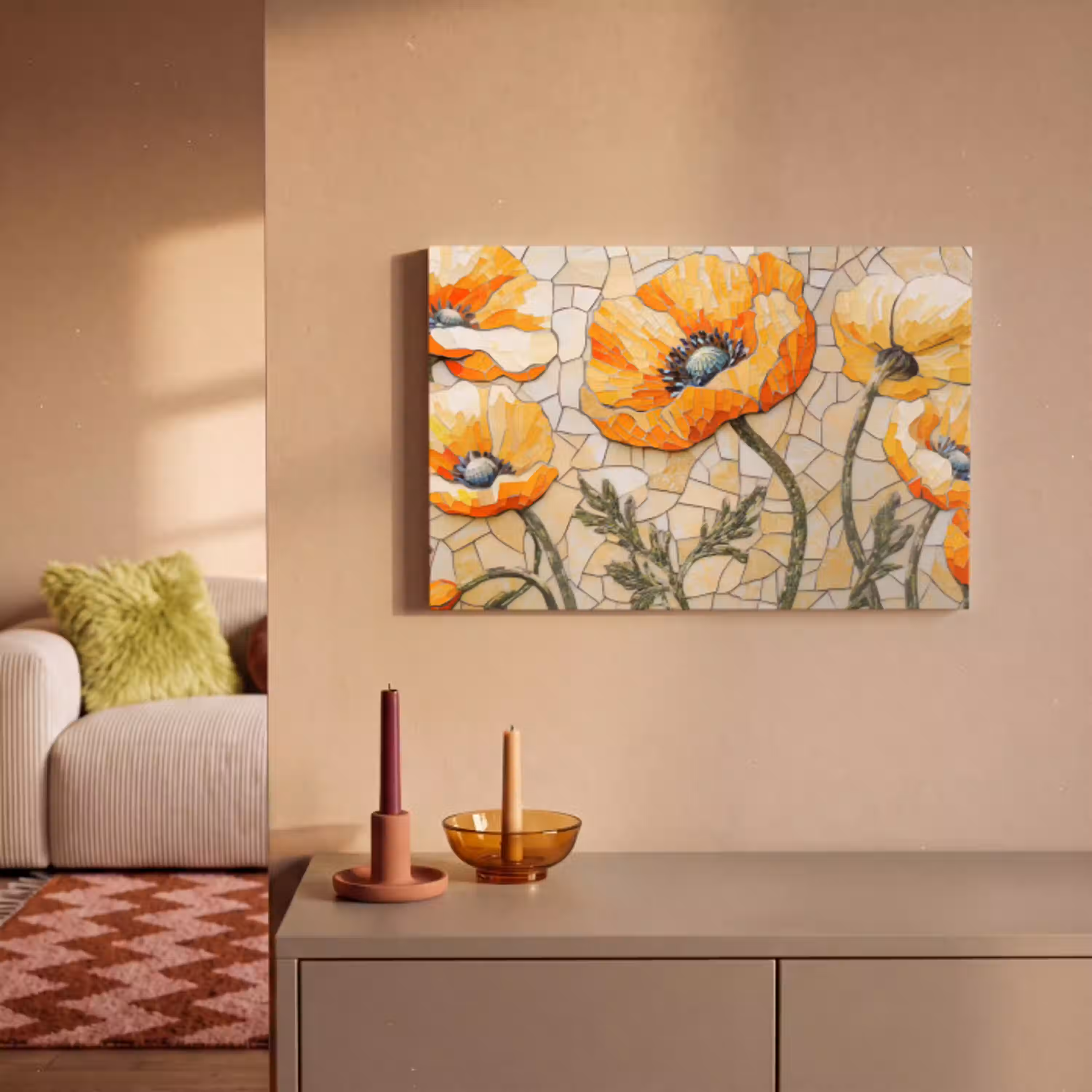 Klaprozen - Oranje - Mozaïek - Bladeren canvas 2cm klein -sfeer1