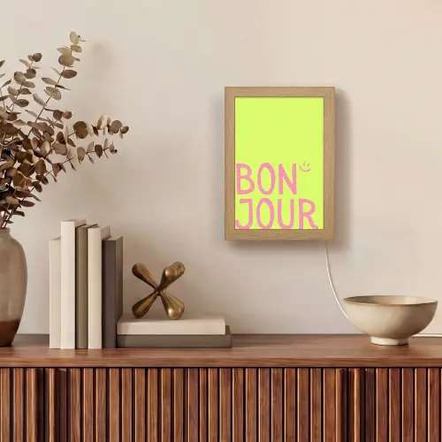 Groen - Smiley - Bonjour - Roze Light Box met kabel (Tafellamp) klein -sfeer2