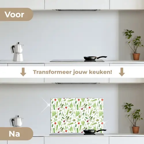 Groente - Patroon - Groen - Rood keuken achterwand spatscherm klein 900 -voor_na_NL