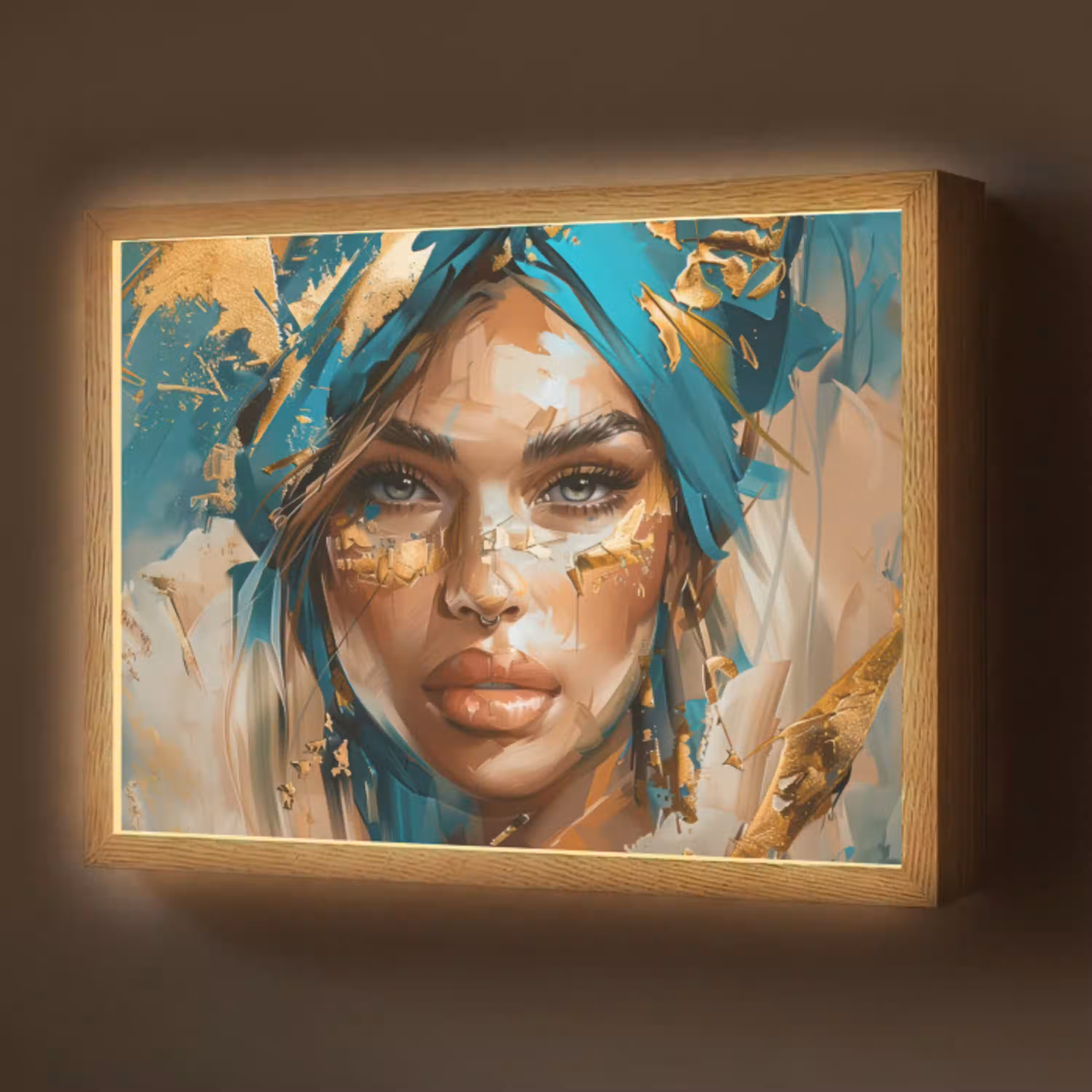 Vrouw - Portret - Goud - Luxe - Blauw Light Box met batterij (Wandlamp) middel -z3d_website