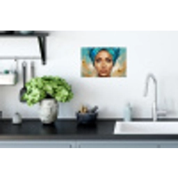 Portret - Vrouw - Schilderij - Blauw - Goud - Expressief Muursticker klein -keuken