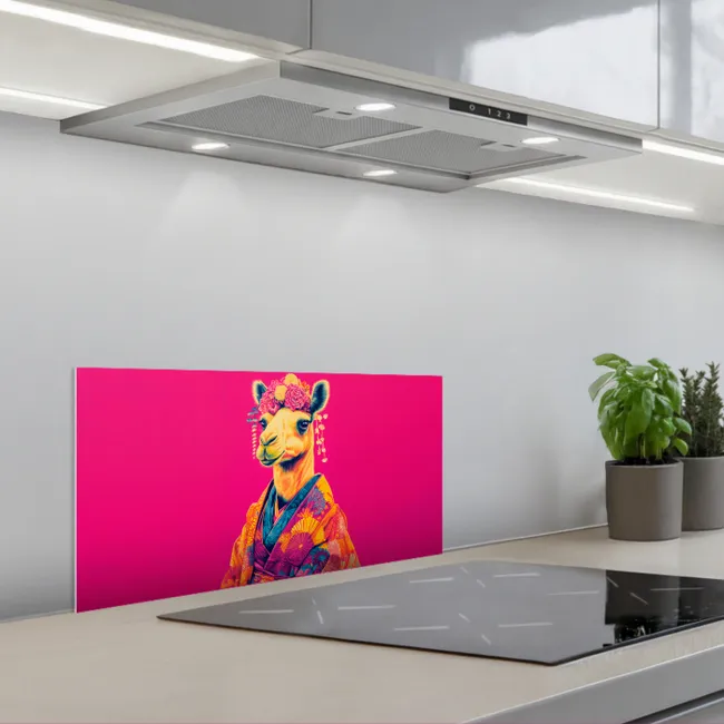 Kameel - Bloemen - Kimono - Waaiers keuken achterwand spatscherm klein -3d_schuin