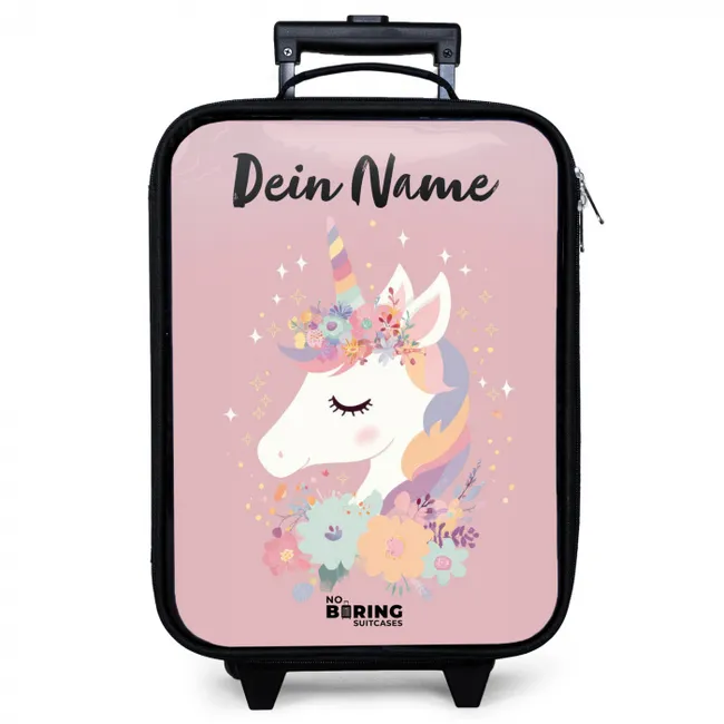 Kinderkoffer mit Name - Einhorn - Rosa - Blumen