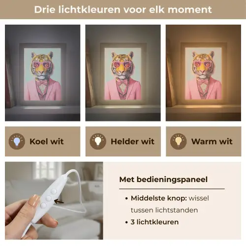 Tijger - Strik - Jasje - Roze Light Box met kabel (Tafellamp) klein -USP_lichtkleurNL