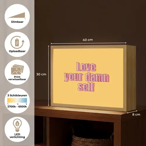 Love yourself - Roze - Geel Light Box met batterij (Wandlamp) middel -USP_websiteoverzichtNL