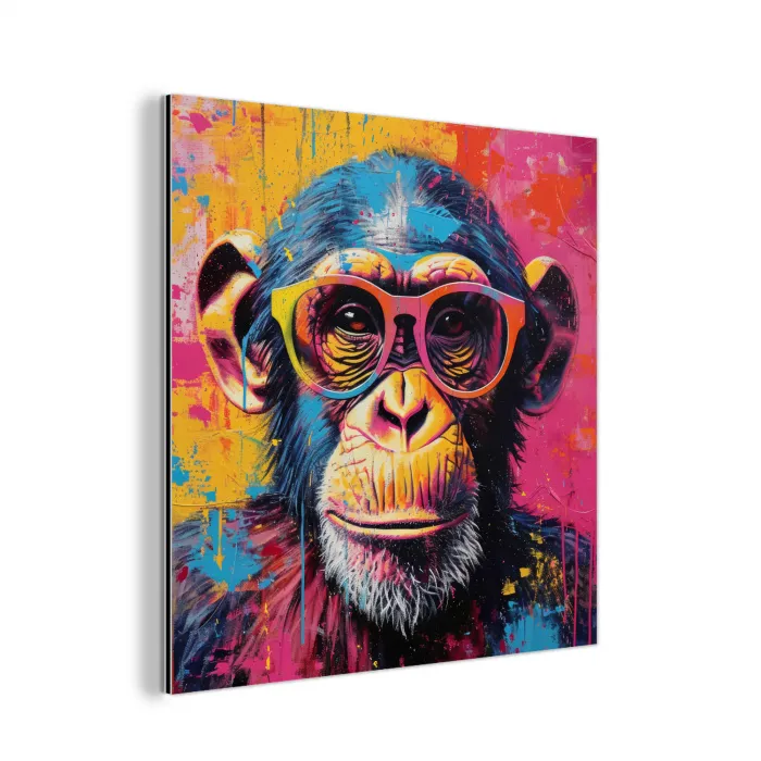 Graffiti - Chimpansee - Aap - Bril - Kleurrijk aluminium wit klein -3d