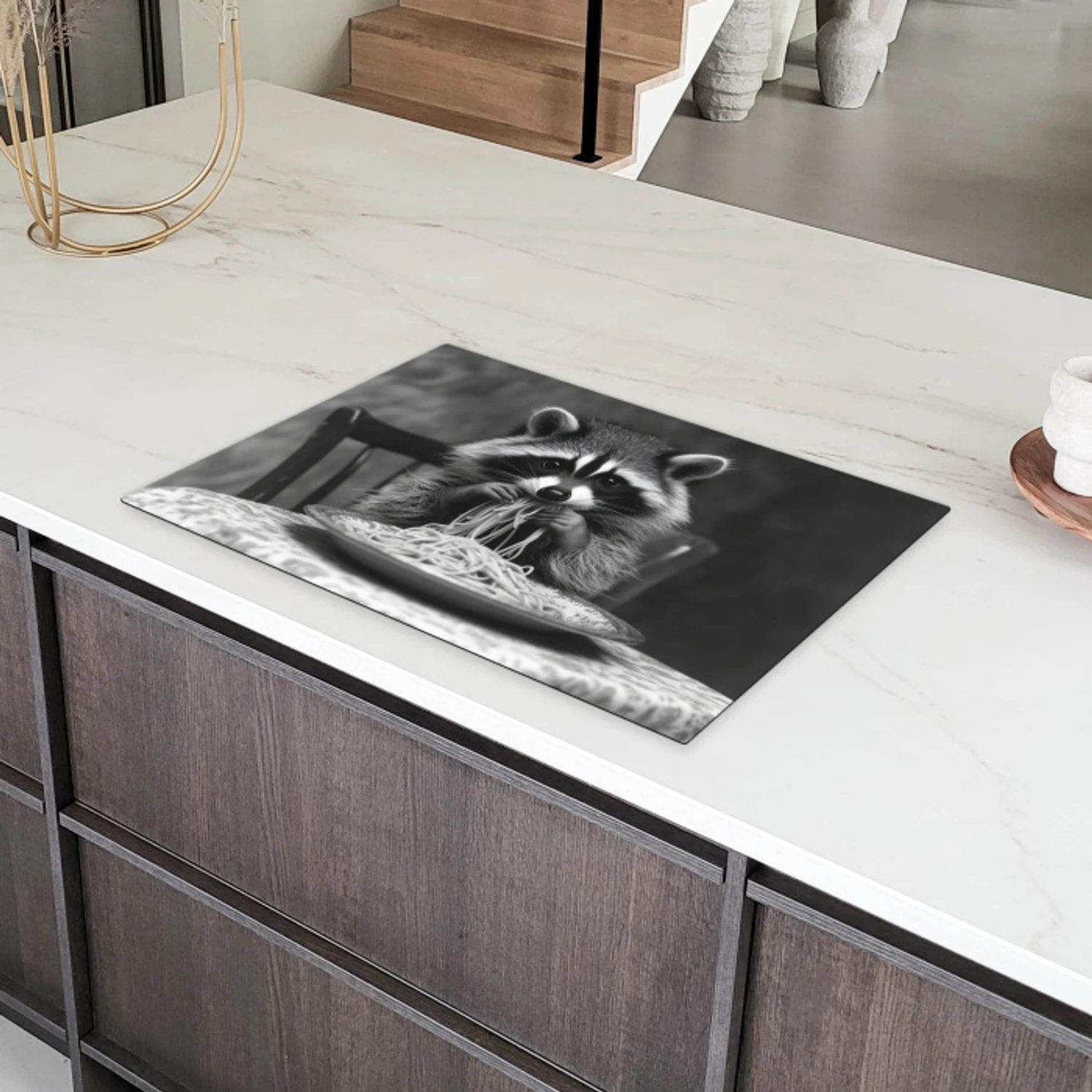 KitchenYeah Protège Plaque Induction 59x52 Cm – Tapis Anti-Rayures & Décor Raton Laveur Mignon, Noir & Blanc – Protection Vitrocéramique Facile à Nettoyer
