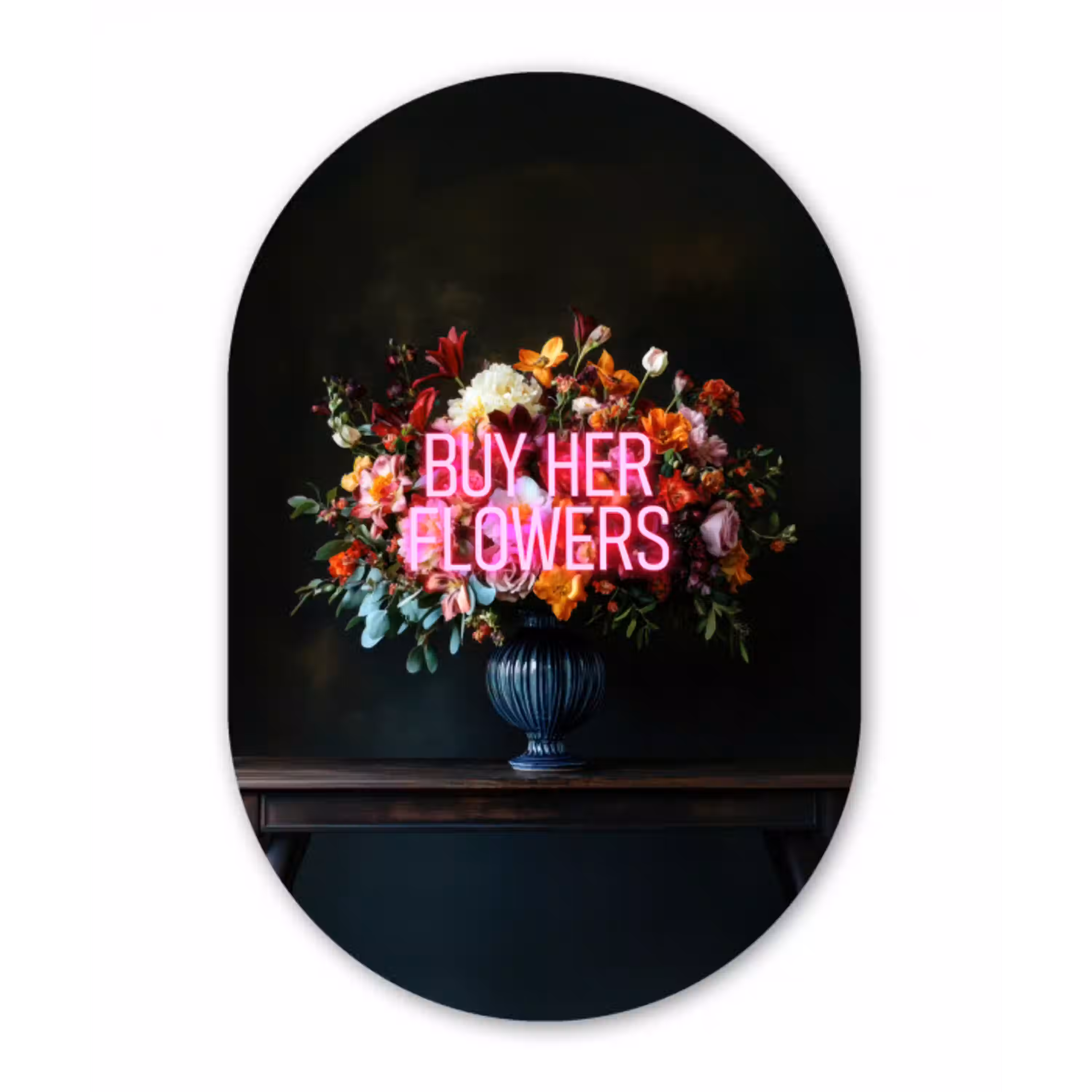 Quote - Bloemen - Vaas - Neon Wandcirkel Ovaal Aluminium middel -3d
