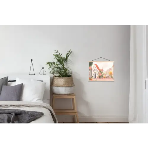Bloemen - Huizen - Dorp textielposter latten blank klein -woonkamer